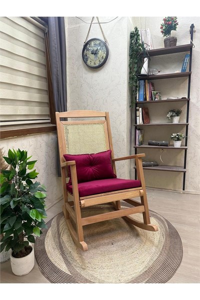 Veranda Naturel Krem Minderli Hasırlı Sallanan Sandalye Hazeranlı Dinlenme Koltuğu