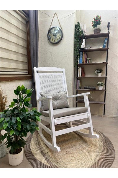 Veranda Naturel Krem Minderli Hasırlı Sallanan Sandalye Hazeranlı Dinlenme Koltuğu