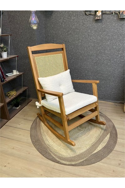 Veranda Naturel Teddy Krem Minderli Hasırlı Sallanan Sandalye Hazeranlı Dinlenme Koltuğu