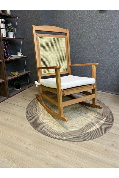 Veranda Naturel Teddy Krem Minderli Hasırlı Sallanan Sandalye Hazeranlı Dinlenme Koltuğu