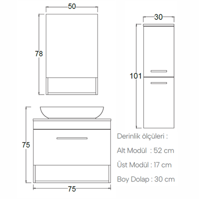 SHOWER Adel Banyo Dolabı 75 Cm (Boy Dolabı Dahil Değildir.)