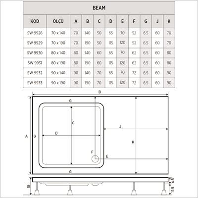 SHOWER Beam Özel Kesim Duş Teknesi, Panelli