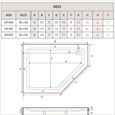 SHOWER Brief Beşgen Sağ - Sol Duş Teknesi, Monoblok