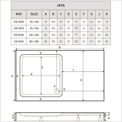 SHOWER Java Özel Kesim Dikdörtgen Duş Teknesi, Monoblok
