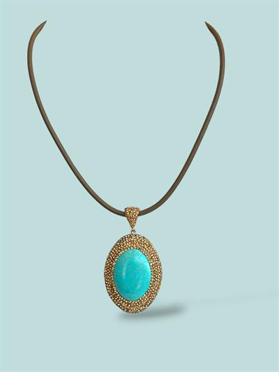 Kenarları Gold Kristal Taş Detaylı Turkuaz Kolye