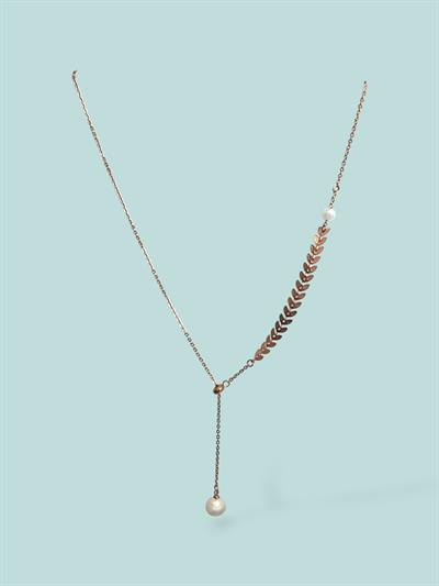 Sarkaç İnci Detaylı Yaprak Zincir Tasarım Kolye Rose Gold