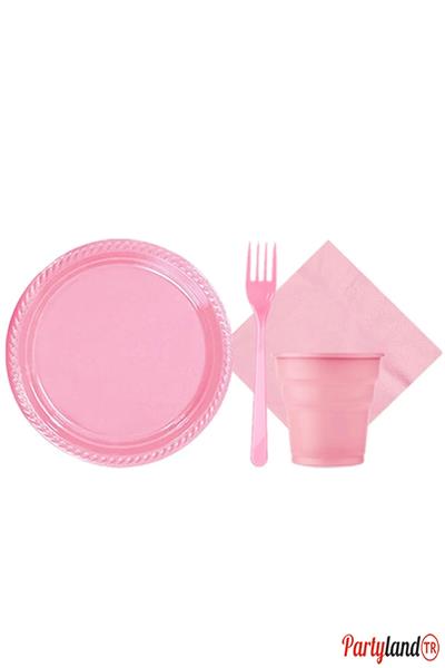 25 Kişilik Pembe Plastik Bardak Çatal Tabak Peçete
