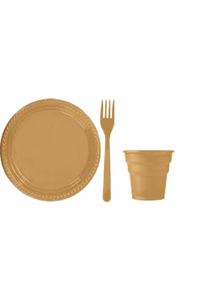 Gold Altın Renk 25 Kişilik Plastik Bardak Çatal Tabak