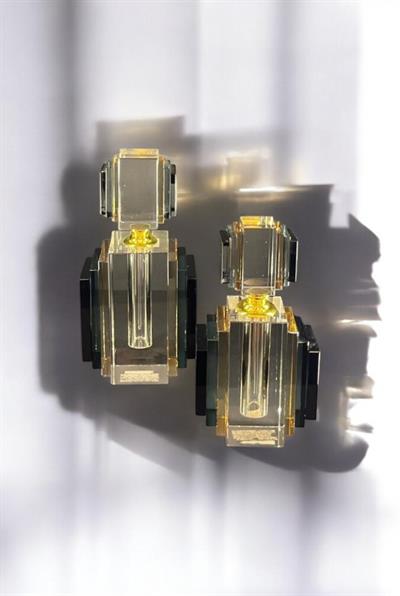 Lüks Dekoratif Kristal Parfüm Şişesi Biblo | Altın Detaylı Modern Tasarım (9x4x17 cm & 10x5x20 cm)