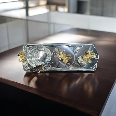Metal Kapaklı Kristal Cam Lokumluk Seti – Ginko Yapraklı 3lü Gümüş Tepsili