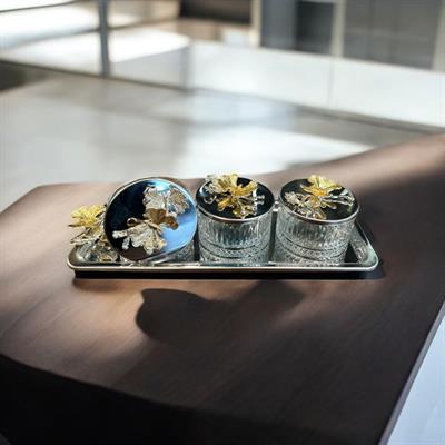 Metal Kapaklı Kristal Cam Lokumluk Seti – Ginko Yapraklı 3lü Gümüş Tepsili