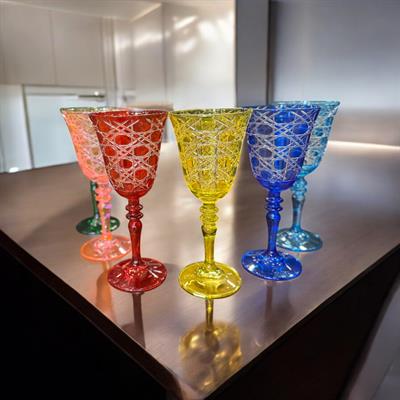 Renkli El Kesimi Kristal Goblet Kadeh Seti – 6lı Zarif Desenli Seri