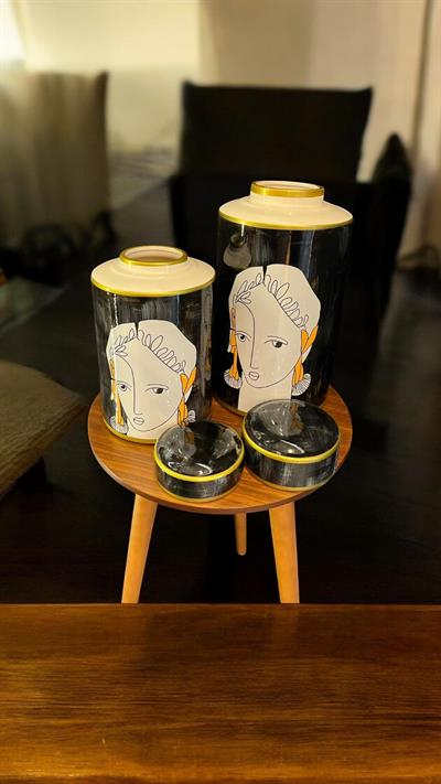 Sanatsal Yüz Figürlü Seramik Dekoratif Kavanoz Seti | 40 cm & 30 cm