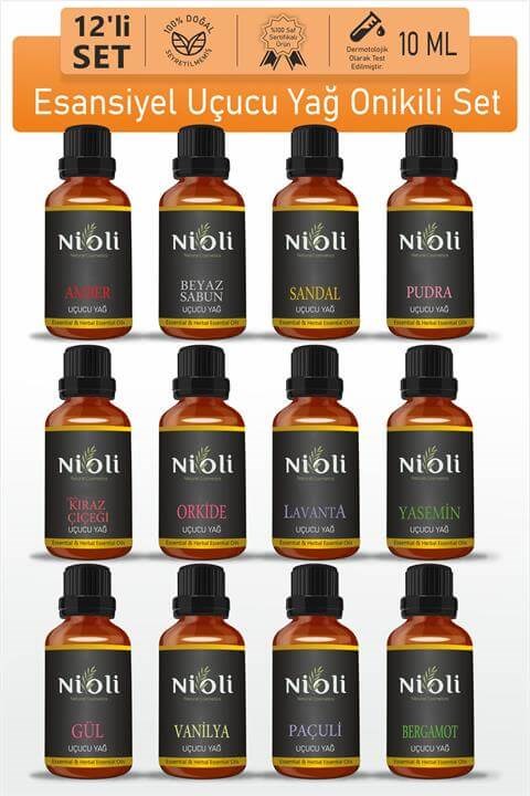 Nioli 12'li Set Esansiyel Uçucu Yağ Buhurdanlık Yağı Aromaterapi Yağı 10 ML