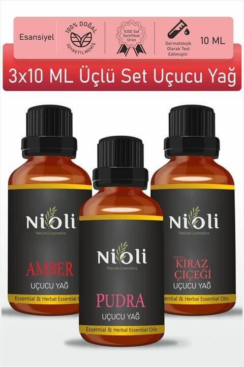 Nioli Amber, Pudra, J.Kiraz Çiçeği Set Esansiyel Uçucu Yağ Buhurdanlık Yağı Aromaterapi Yağı 10 ML