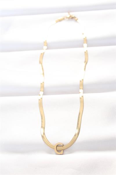 316L Çelik C Harfli Gold Renk İtalyan Zincirli Kolye - PRT3500EB01300