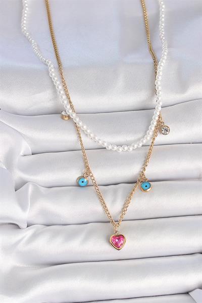 316L Çelik Gold Renk 2Li İnci Zincir Model Pembe Taşlı Kalp Figür Nazar Boncuk Detay Kadın Kolye - PRT3500EB05674