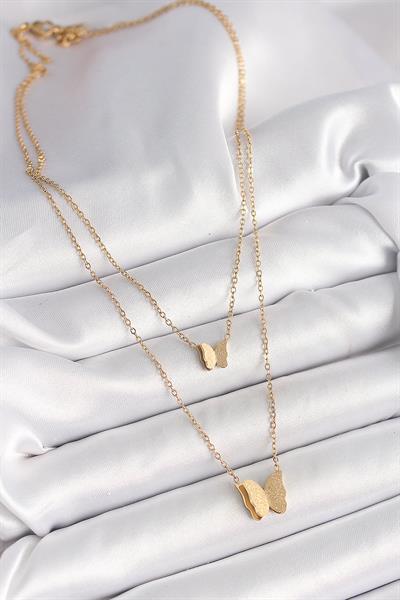 316L Çelik Gold Renk 2Li Simli Kelebek Model Kadın Kolye – PRT3500EB04427