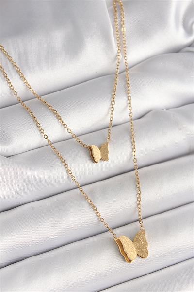 316L Çelik Gold Renk 2Li Simli Kelebek Model Kadın Kolye – PRT3500EB04427