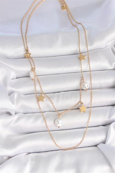 316L Çelik Gold Renk 2Li Zincir Sallantı Yıldız İnci Model Kadın Kolye - PRT3500EB05672