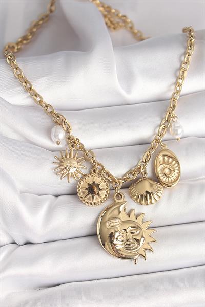 316L Çelik Gold Renk Ay Güneş Figür Deniz Kabuğu Detay Kadın Kolye – PRT3500EB04348
