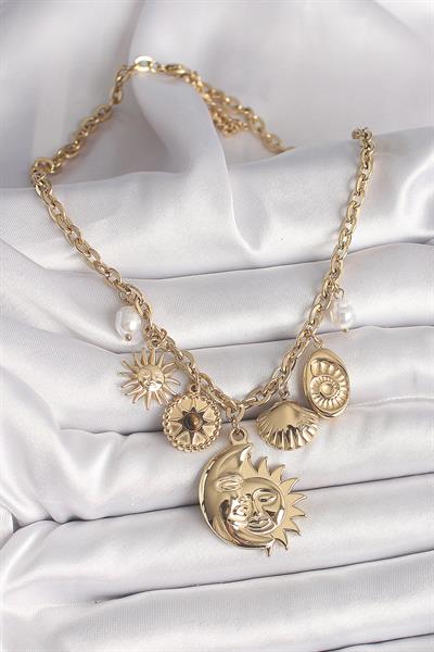 316L Çelik Gold Renk Ay Güneş Figür Deniz Kabuğu Detay Kadın Kolye – PRT3500EB04348