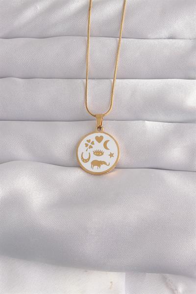 316L Çelik Gold Renk Beyaz Mineli Karışık Figürlü Tarot Kolye – PRT3500EB02148