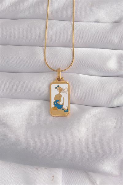 316L Çelik Gold Renk Beyaz Mineli Kız Figür Tarot Kolye – PRT3500EB02135