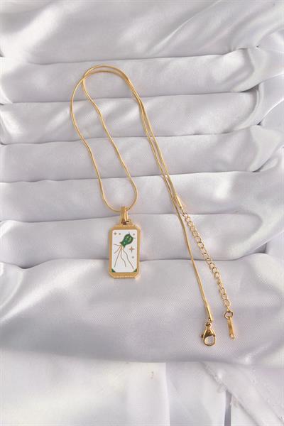 316L Çelik Gold Renk Beyaz Mineli Tarot Kolye – PRT3500EB02146