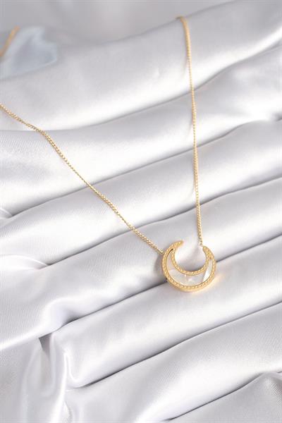 316L Çelik Gold Renk Beyaz Sedefli Hilal Model Kadın Kolye – PRT3500EB01147