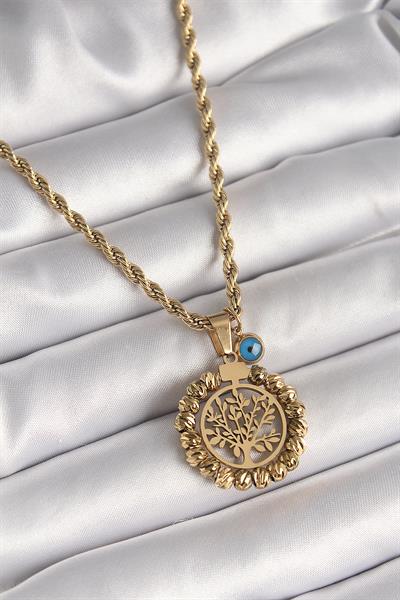 316L Çelik Gold Renk Burgu Zincir Dorika Yaşam Ağacı Figür Nazar Boncuk Detay Kadın Kolye – PRT3500EB04117