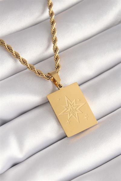 316L Çelik Gold Renk Burgu Zincir Kutup Yıldızı İşleme Plaka Figür Kadın Kolye – PRT3500EB01190