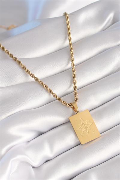 316L Çelik Gold Renk Burgu Zincir Kutup Yıldızı İşleme Plaka Figür Kadın Kolye – PRT3500EB01190