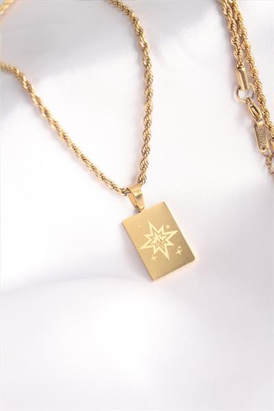 316L Çelik Gold Renk Burgu Zincir Kutup Yıldızı İşleme Plaka Figür Kadın Kolye – PRT3500EB01190