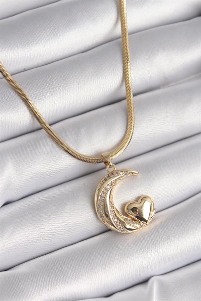 316L Çelik Gold Renk Çelik İtalyan Zincir Zirkon Taşlı Halil Figür Kalp Detay Kadın Kolye – PRT3500EB03185