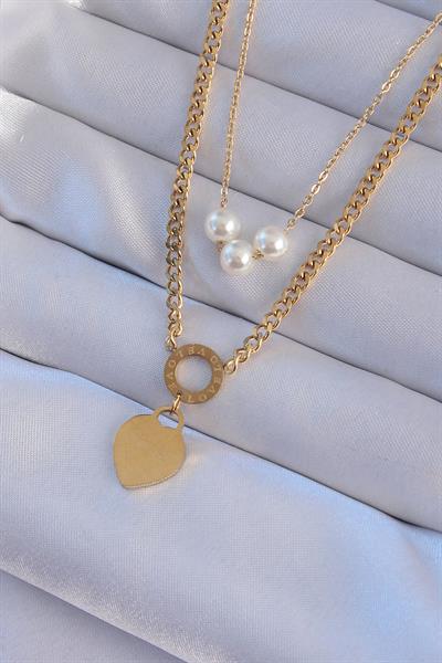 316L Çelik Gold Renk Çift Zincir İnci Detayı Love Kalp Kolye – PRT3500EB01877