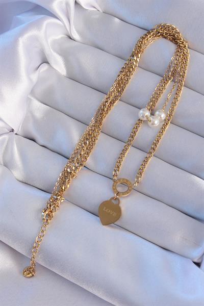 316L Çelik Gold Renk Çift Zincir İnci Detayı Love Kalp Kolye – PRT3500EB01877