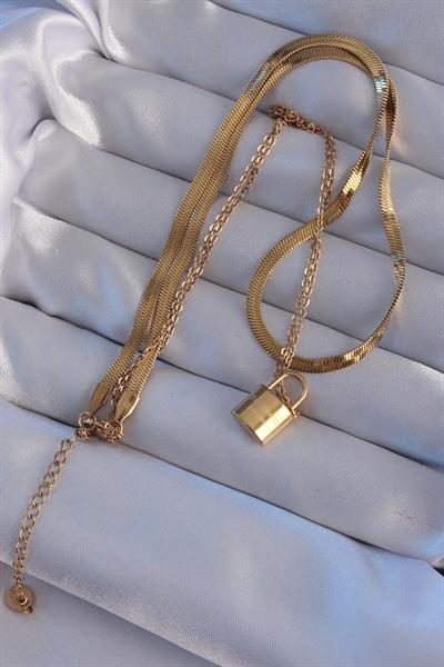 316L Çelik Gold Renk Çift Zincir Kilit Model Kolye – PRT3500EB01879