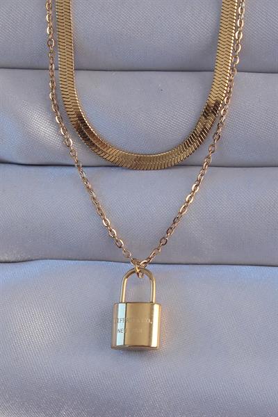 316L Çelik Gold Renk Çift Zincir Kilit Model Kolye – PRT3500EB01879