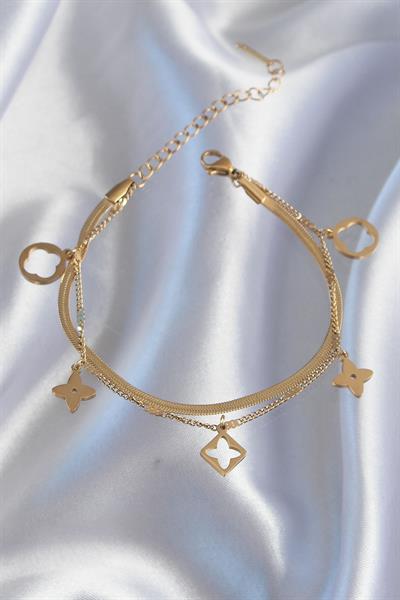 316L Çelik Gold Renk Çift Zincir Yonca Tasarım Bileklik – PRT3500EB01850