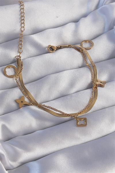 316L Çelik Gold Renk Çift Zincir Yonca Tasarım Bileklik – PRT3500EB01850