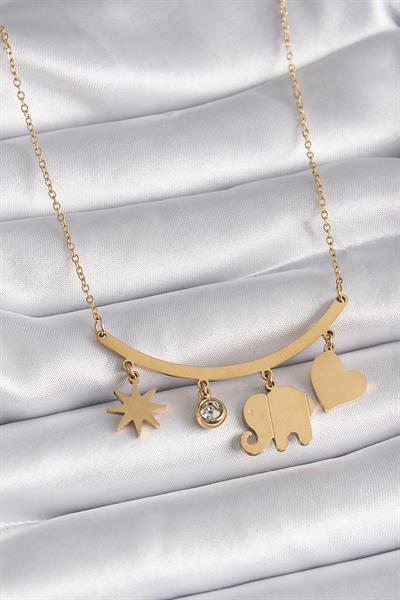 316L Çelik Gold Renk Fil Figür Zirkon Taş Detay Kadın Kolye – PRT3500EB02646
