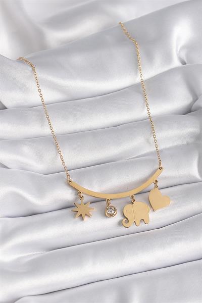 316L Çelik Gold Renk Fil Figür Zirkon Taş Detay Kadın Kolye – PRT3500EB02646