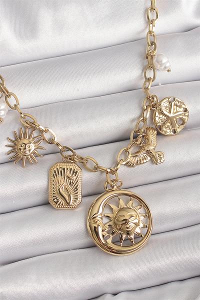 316L Çelik Gold Renk Halka Zincir Sallantı Ay Güneş Figür Kuş Detay Kadın Kolye – PRT3500EB03953