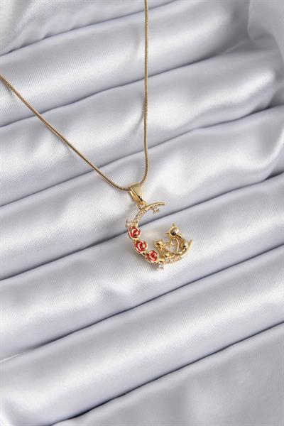 316L Çelik Gold Renk Hilal Kedi Model Zirkon Taşlı Detay Kadın Kolye – PRT3500EB00839