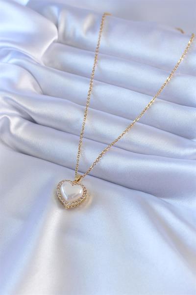 316L Çelik Gold Renk İncili Kalp Model Zirkon Taşlı Kadın Kolye – PRT3500EB00533