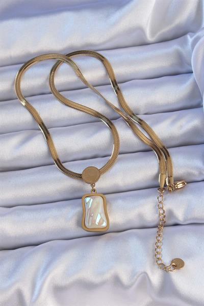 316L Çelik Gold Renk İtalyan Zincir Ezme Taşlı Kolye - PRT3500EB02274