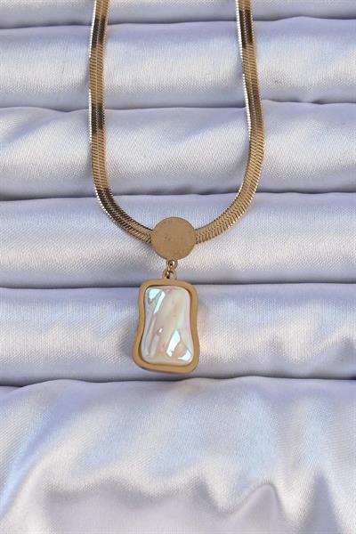 316L Çelik Gold Renk İtalyan Zincir Ezme Taşlı Kolye - PRT3500EB02274