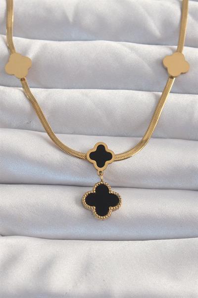 316L Çelik Gold Renk İtalyan Zincirli Mineli Yonca Kolye – PRT3500EB01998