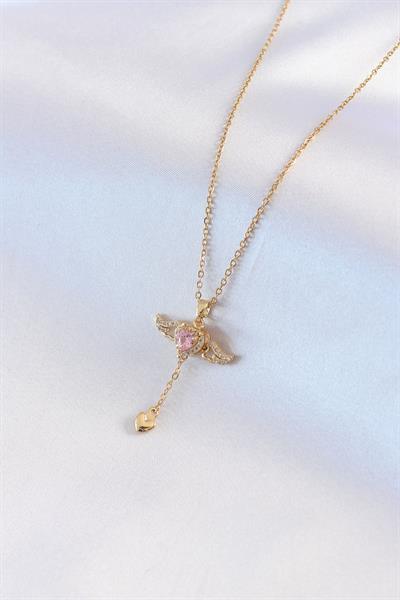 316L Çelik Gold Renk Kanatlı Kalp Model Zirkon Taş Detay Kadın Kolye – PRT3500EB08595